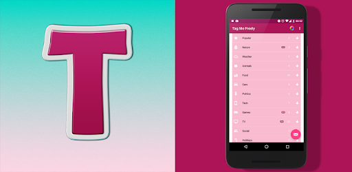 Large white 'T' letter on a pink bacground with the home screen of the app